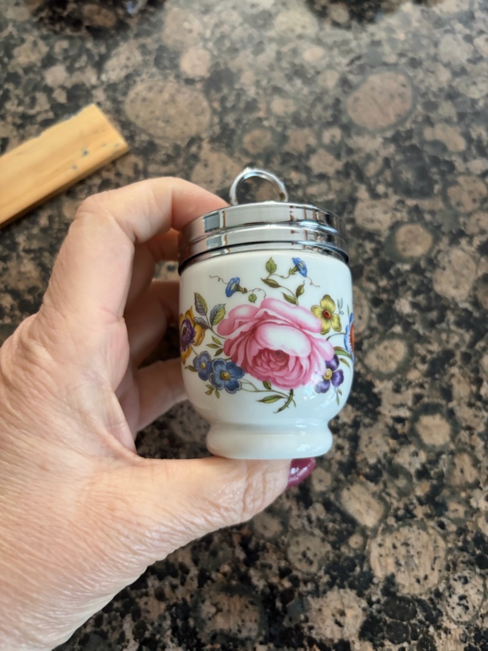 Royal Worcester Porcelain Egg Coddlewith Pink Rose and Multi-Color Floral Design